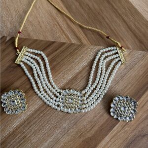 Ethnic Indian Wear Gold and White Multi-Strand Pearl Kundan Necklace Set